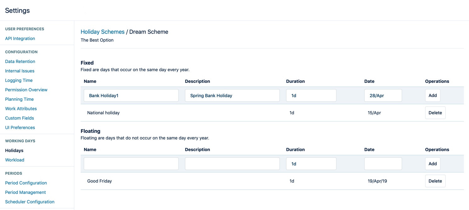 Holiday Schemes settings