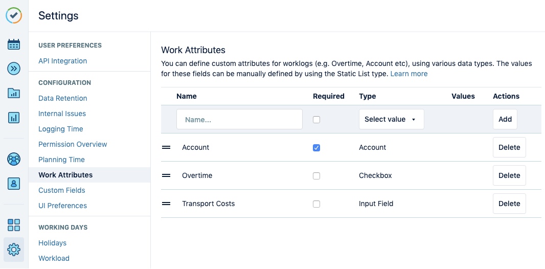 Custom attributes for worklogs