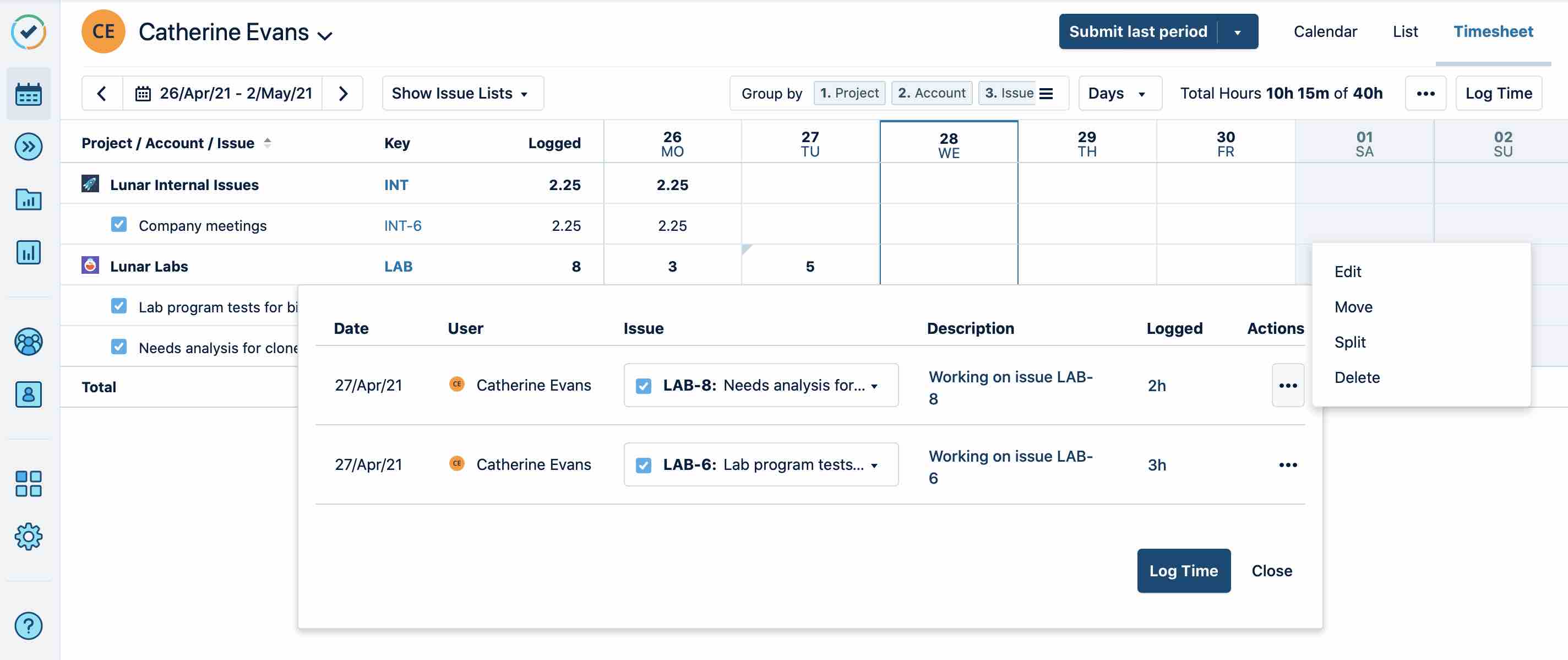 Ways to move, edit, split and delete time records in the Timesheet view