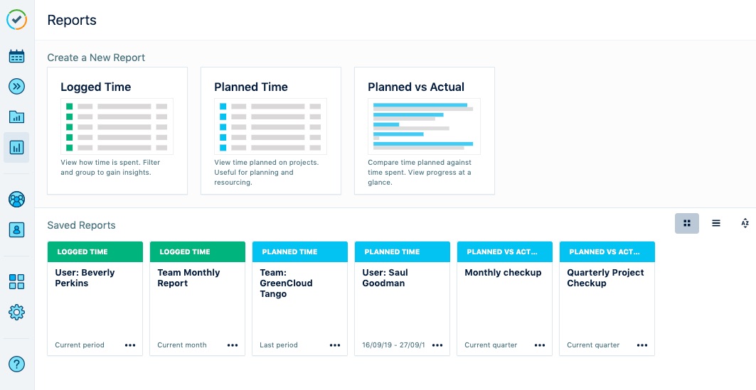 Reports overview page with saved reports