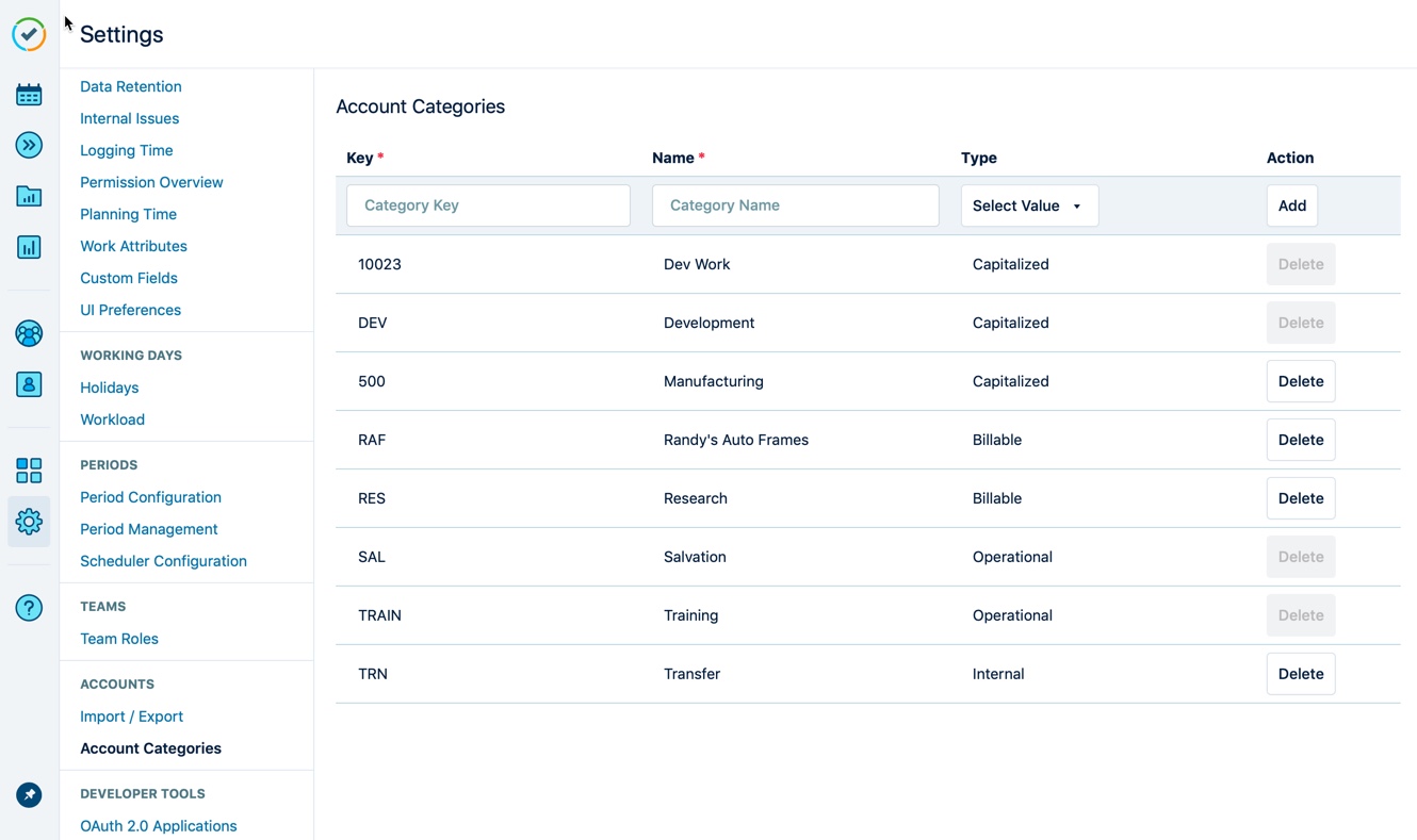 Adding account categories