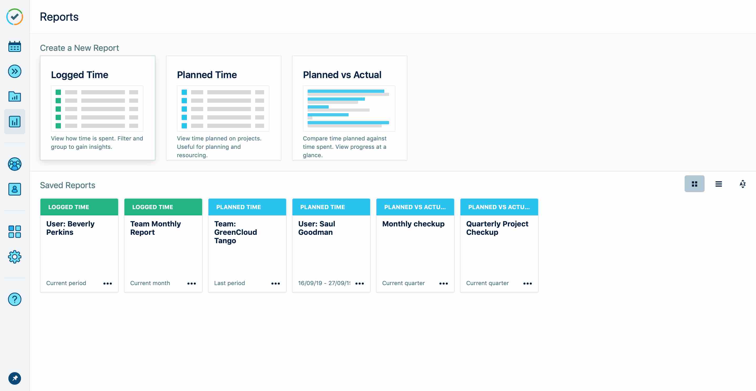 Reports overview home screen with saved reports