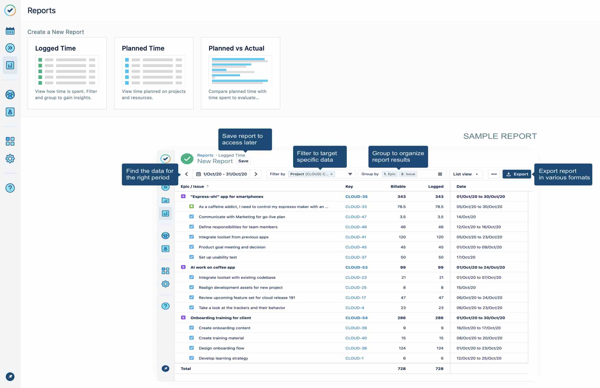 Sample report for logged time