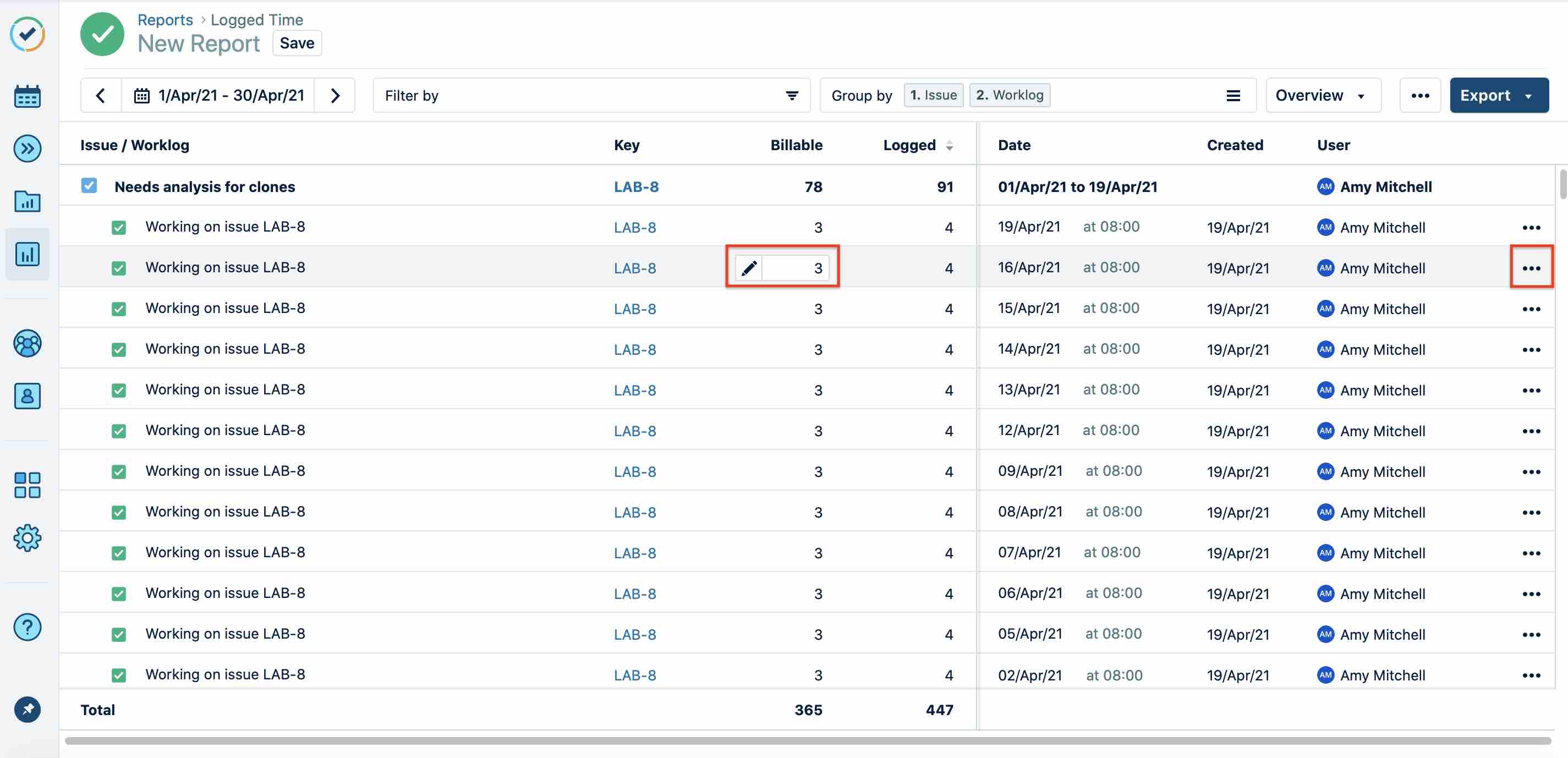 Edit time records directly in the Logged Time report Overview view