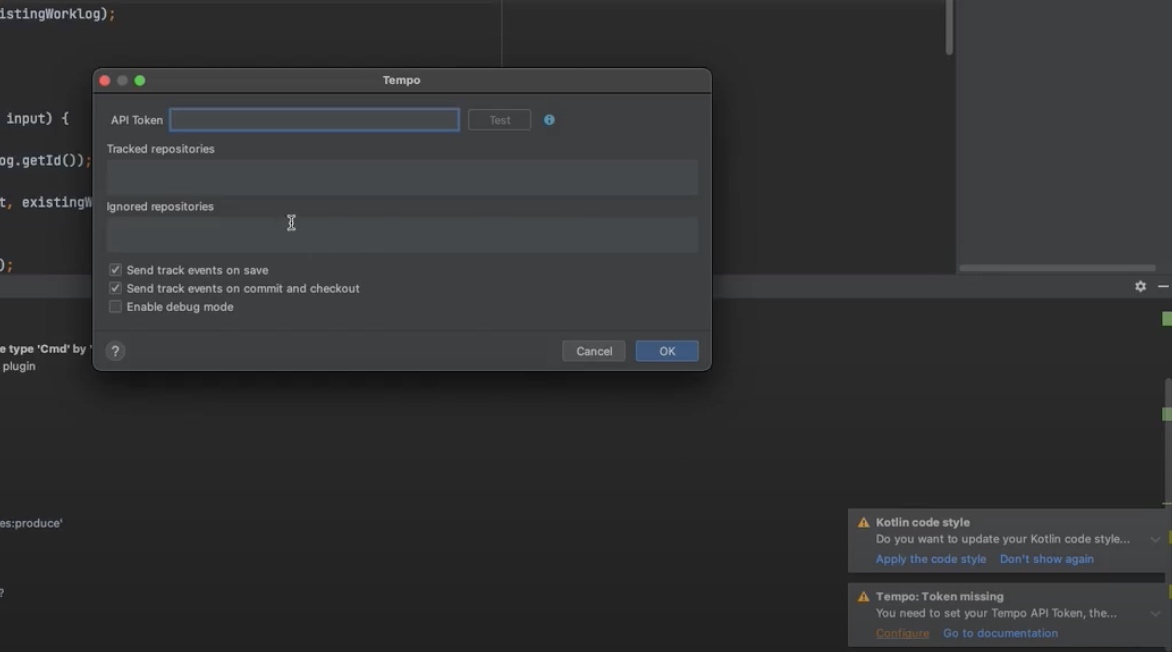 JetBrains upload Tempo API token