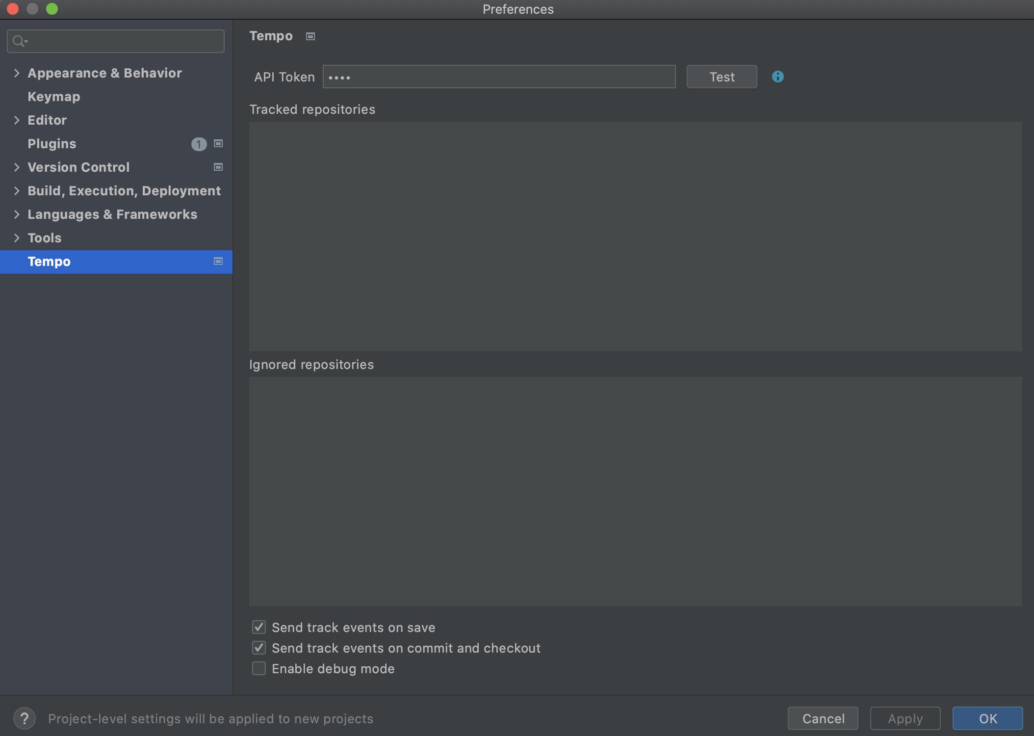 JetBrains Preferences allows you to see Tempo's tracked repositories