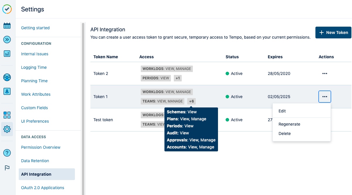 The API Integration overview page shows a list of all your API tokens