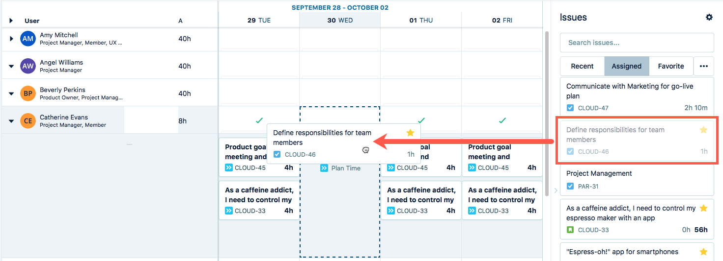 Drag issue from issues side panel to a day in resource's timeline.