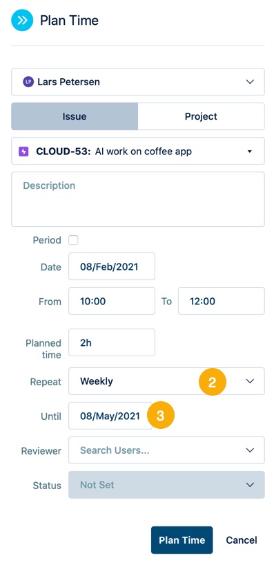 Create repeating plans using the Plan Time form