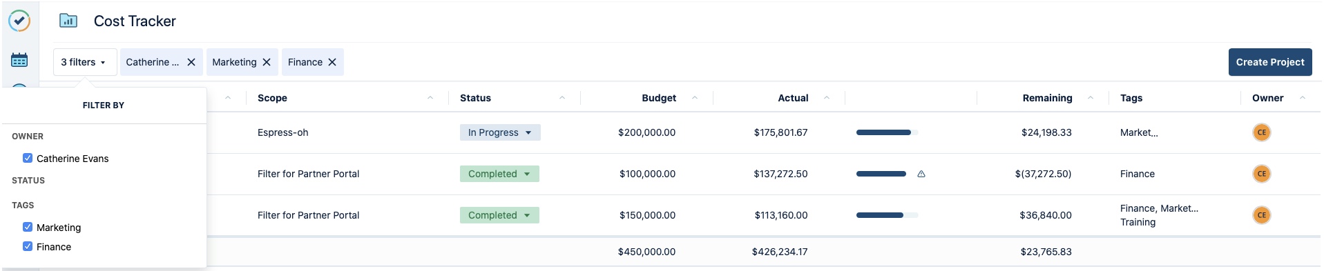 Filter within and across categories in Cost Tracker
