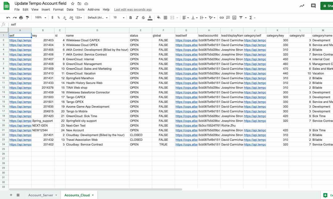 Extract Tempo Accounts and Teams from your Cloud instance and add to spreadsheet